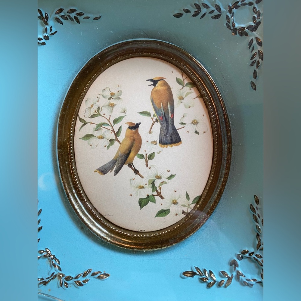 Vintage Deep Wood Framed Cedar Waxwings Birds on Spring Dogwood, R.Freund - Picture 2 of 11